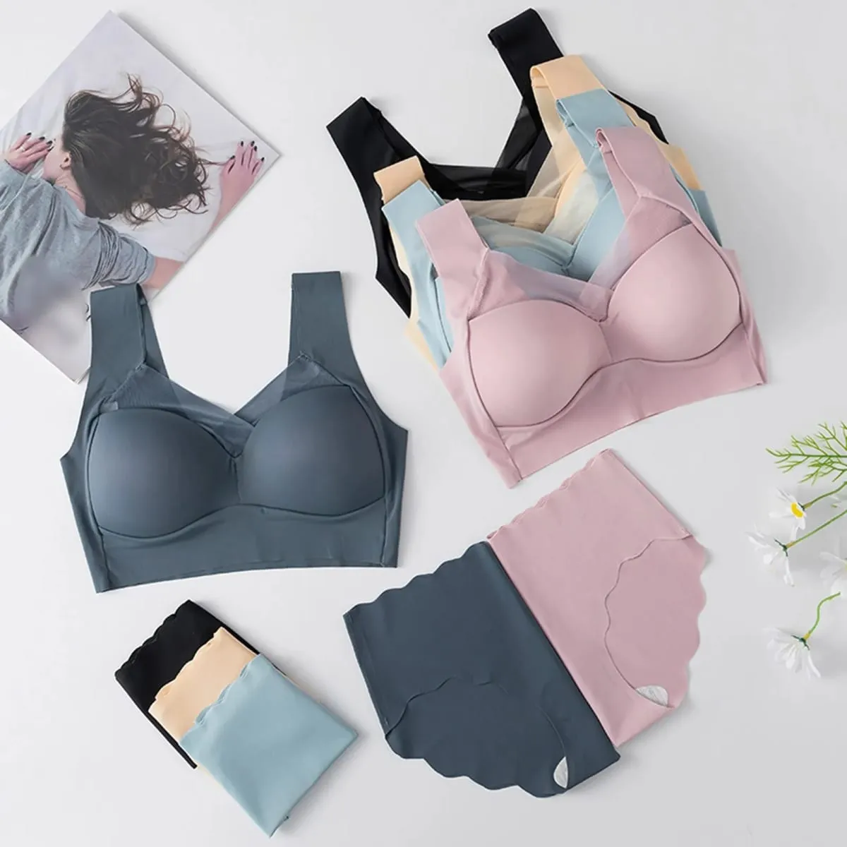 Women Seamless Underwear Set Wireless Ice Silk Thin Back Beauty T Shirt Bra And Smooth Panty Set Solid Color Lingerie Suits — image 4