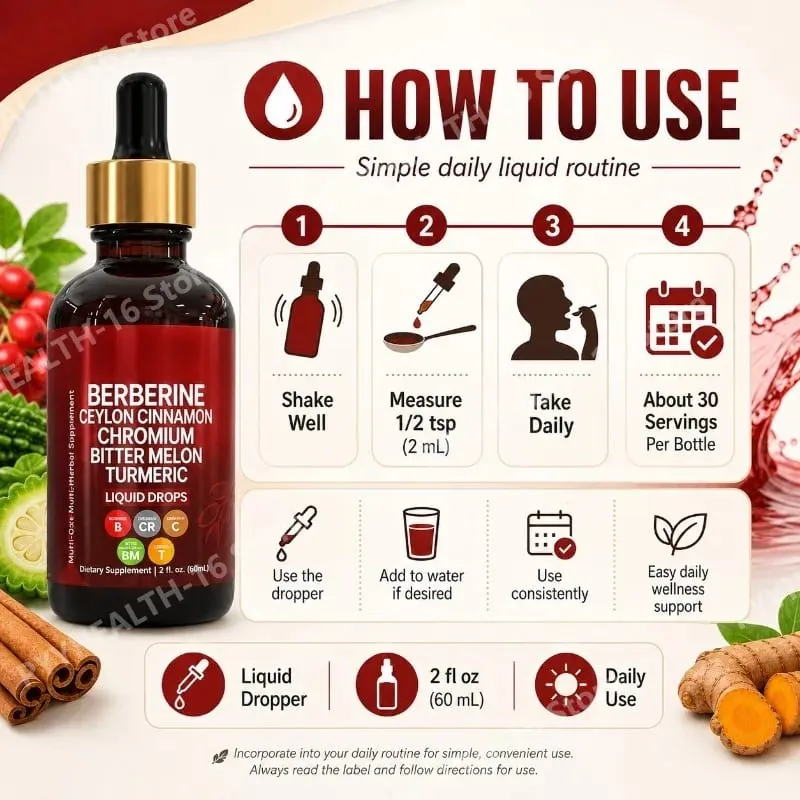 Berberine Liquid Drops Ceylon Cinnamon Chromium Bitter Melon & Turmeric Extract Multi-Ingredient Metabolic Support 60 ML — image 4