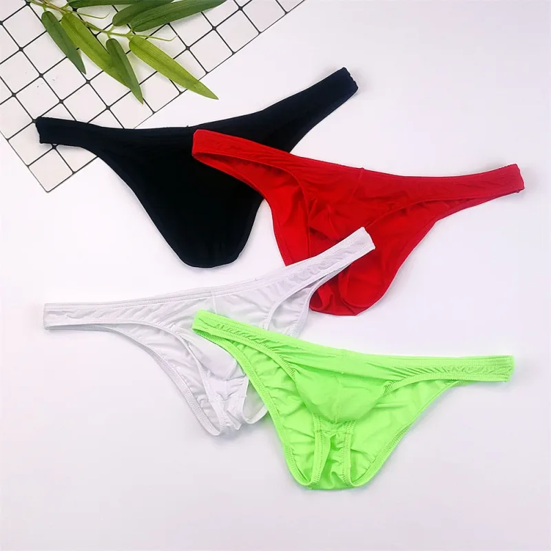 4PCS Men High Fork Briefs Mid Waist Elastic Ice Silk Brief Summer Underpants Ice Silk U Convex Pouch Male Underwear Silky Shorts