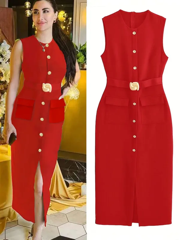 Sleeveless Button Down Ashirtdress with Belt Solid Color Front Slit Elegant for Office Party Dresses Luxury 2025 Ashirtwaister — image 5