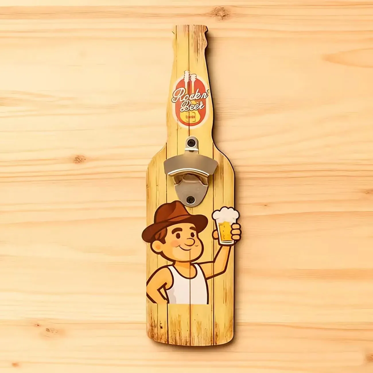 Vintage Beer Bottle Shaped Wooden Opener Cartoon Cowboy Holding Beer Mug Pattern Wood Accessory for Indoor Bar Wall Decoration — image 3