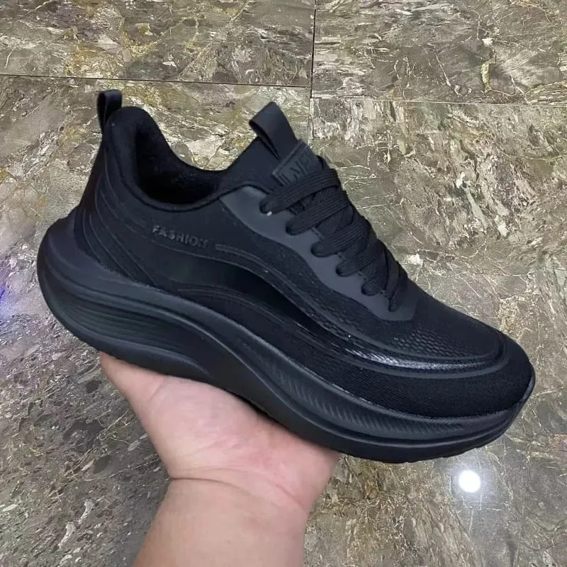 Men Breathable Mesh Sneakers Lace‑up Thick Platform Sole Lightweight Walking Shoes Outdoor Non‑slip Casual Sports Footwear