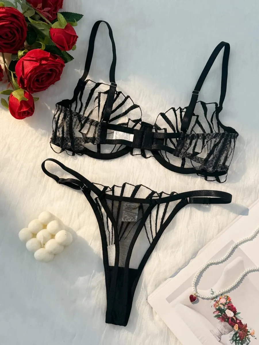 Black Leaf Embroidery Sheer Mesh Lingerie Set Underwire Bra & Adjustable Thong Women Sexy Underwear ZA824058 — image 3