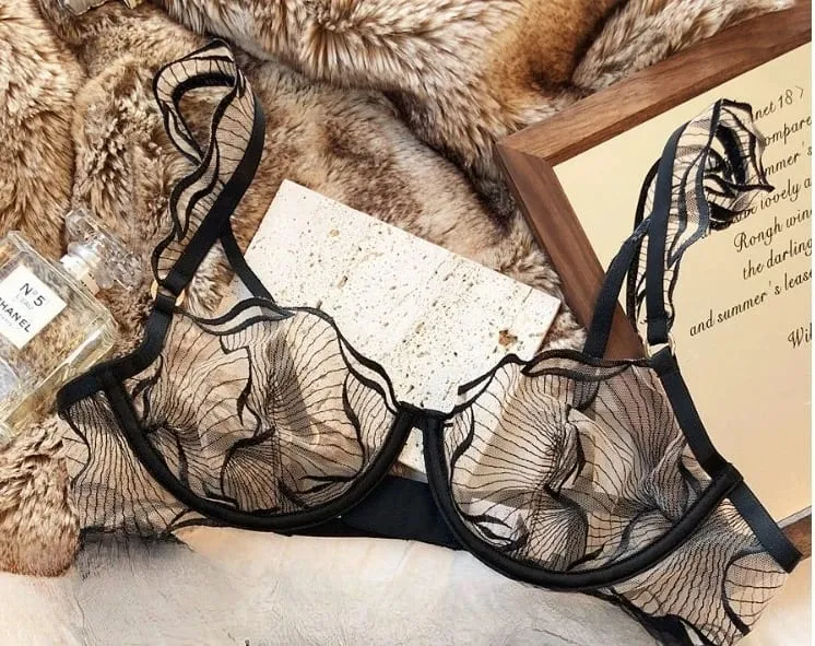 French Embroidery Lace Bra Set For Women Ultra Thin Sheer Minimizer Bra Hollow Out Lingerie Brassiere 32-38AB Elegant Daily Wear — image 7