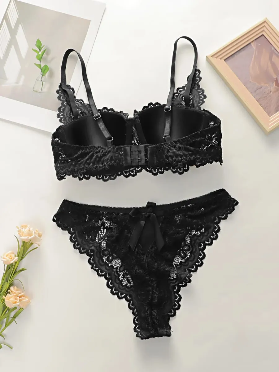 fashion Black bow lace thong set solid color daily 2-piece set sexy underwear set push up bra set B1111 — image 2
