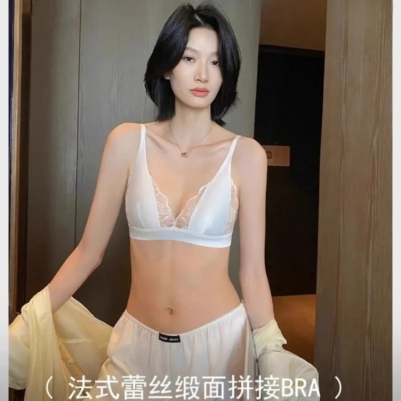 Modest French Lingerie Wirefree Luxury Satin Bralette for Small Chest Summer Thin Cover Lace Bra Elegant Comfort MOYISU S-XL AB — image 7