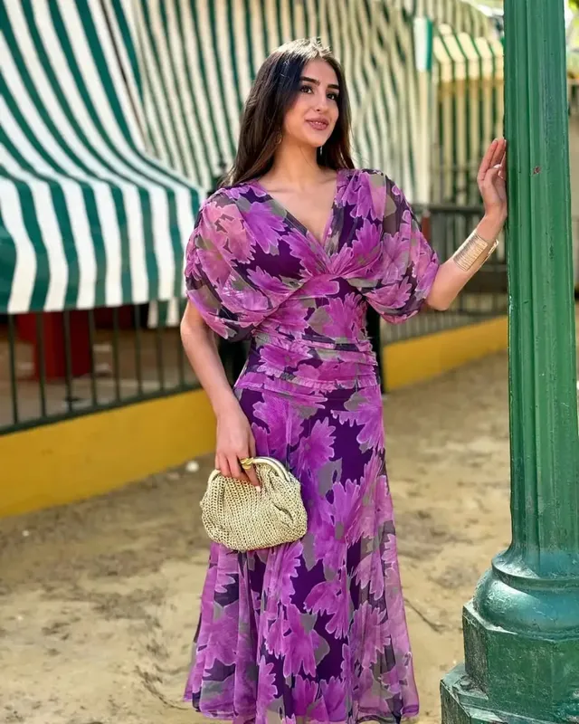 Women Solid Deep V-neck Mesh Long Dress Elegant Puff Short Sleeve Ruched Waist High Vestidos 2026 Summer Lady Casual Street Robe