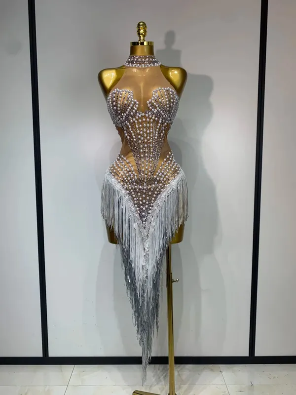 Sexy Stage Costume Sparkly Rhinestone Mesh Transparent Sequins Tassel Evening Birthday Party Nightclub Dance Singer Outfit