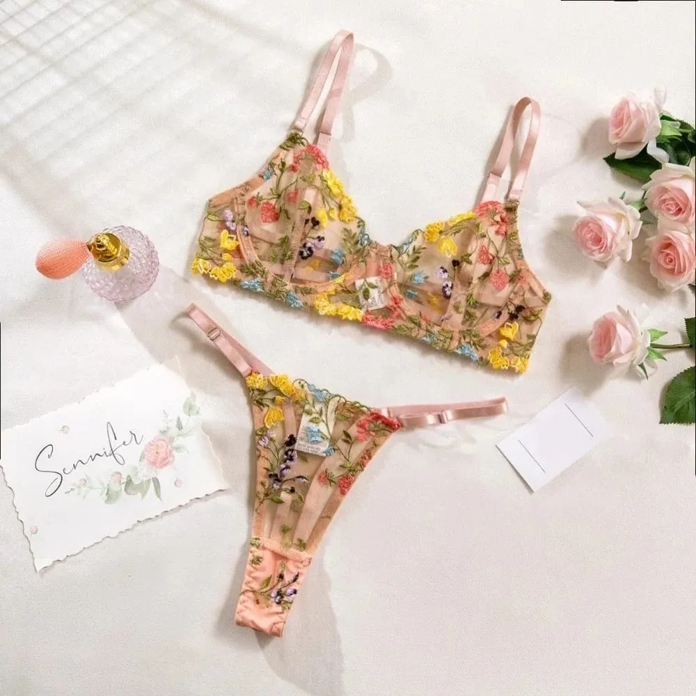 Sheer Intimates Transparent Lingerie Set Push Up Ultra-thin Embroidery Floral Underwear Elegant Panties Bra Set Honeymoon — image 3