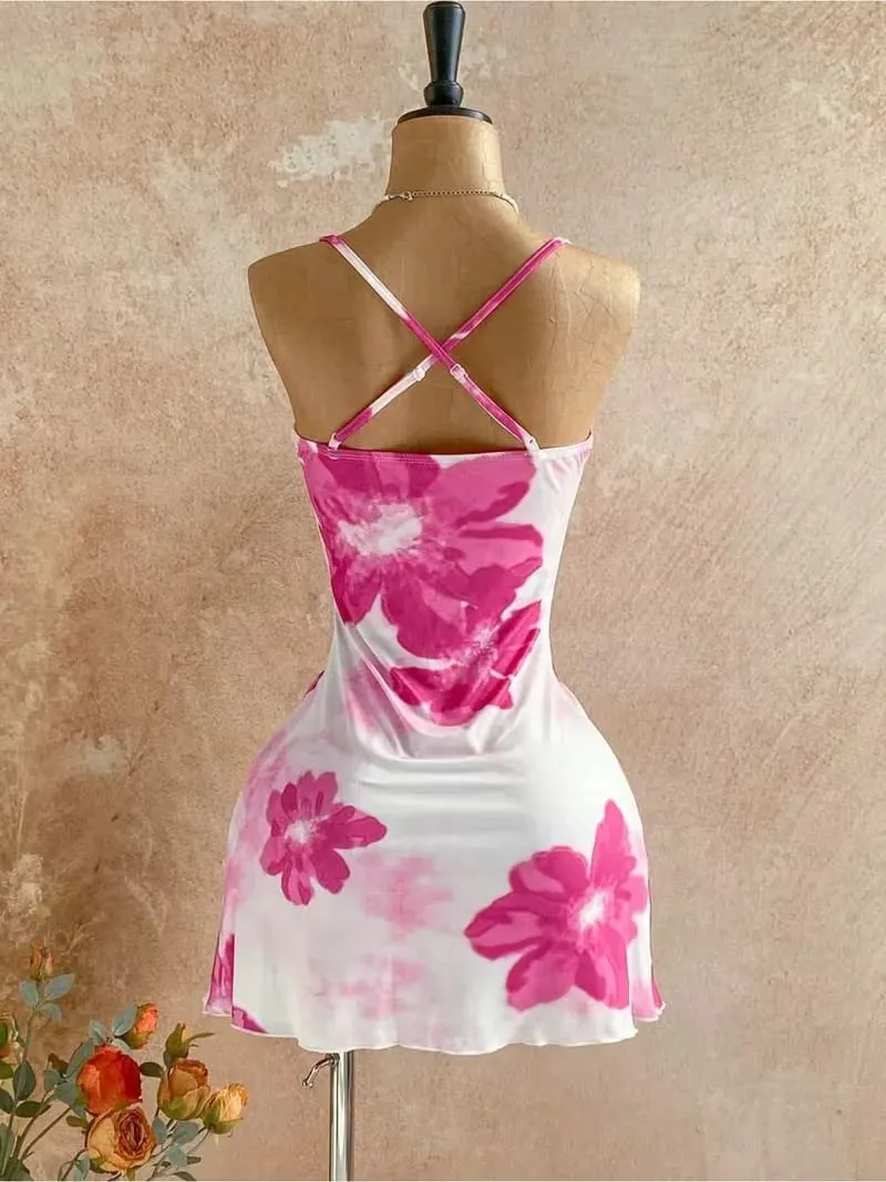 Women Thin Strap Cowl Neck Pink Floral Print Side Ruched Ruffle Hem Mini Bodycon Dress 2026 Summer Tropical Beach Y2K Going Out — image 3
