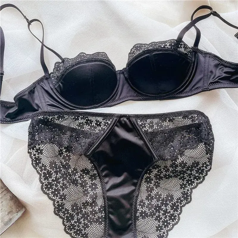 Women Half Cup Lace Bra Set Thin Underwire Sexy Minimizer Bra Anti‑Sag Side Support Hide Armpit Fat Ladies Lingerie Set 2‑38