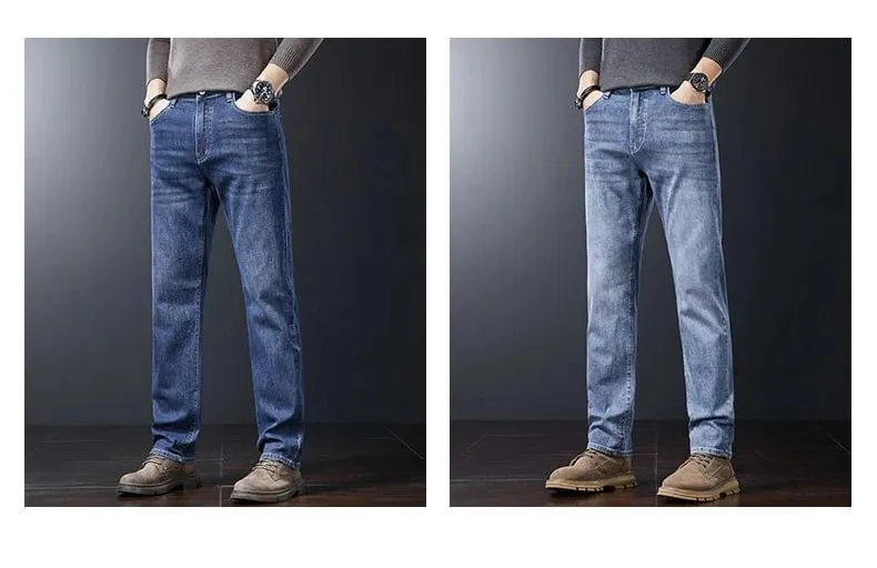 Men's Soft Stretch Straight Jeans Business Casual Slim Fit Wash Denim Pants Korean Fashion Blue Gray Male Brand Trousers — image 3