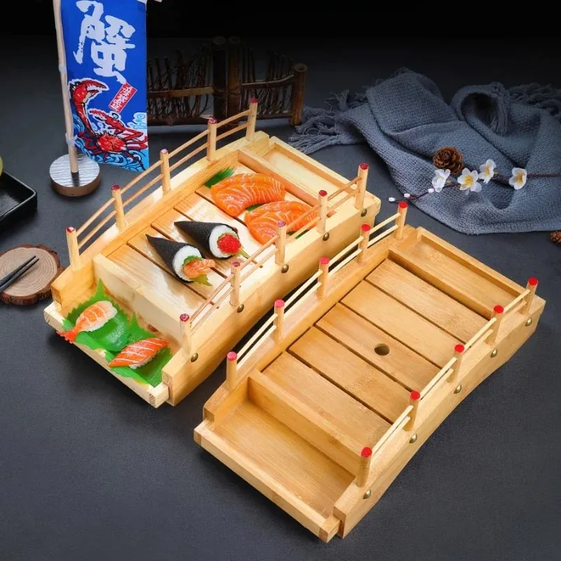 Japanese sushi boat bamboo boat Wooden boat bamboo arch bridge tableware Sashimi platter Dry ice platter sushi plate — image 1