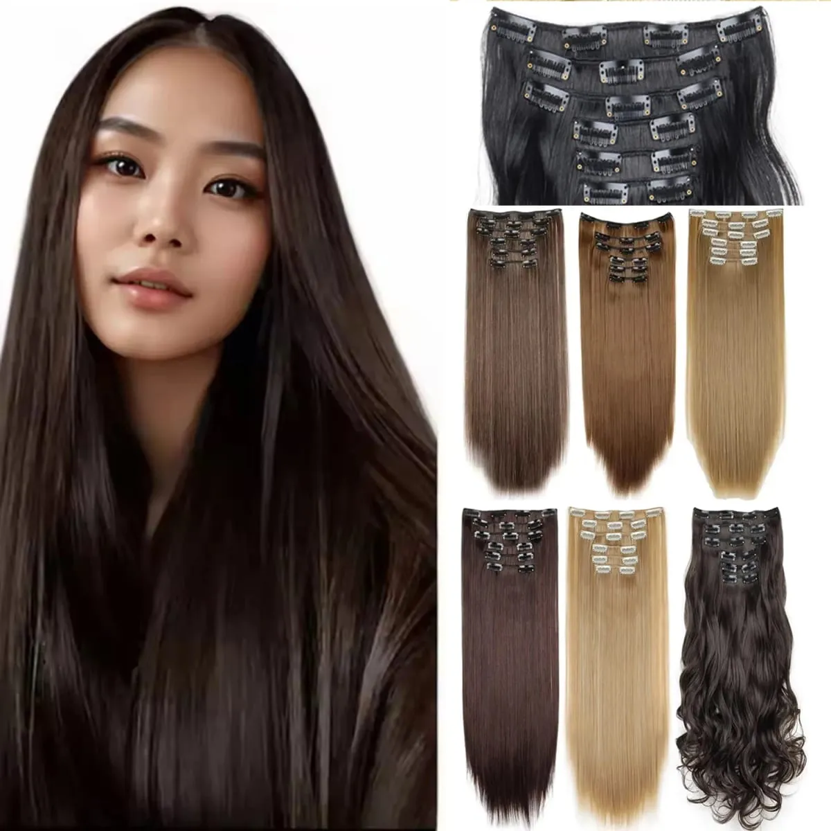 Black Hair Extensions 6pcs/set Women Long Straight Synthetic Full Head Clip 16Clips Ombre Heat Resistant Fiber Hair Kpop Cosplay — image 2