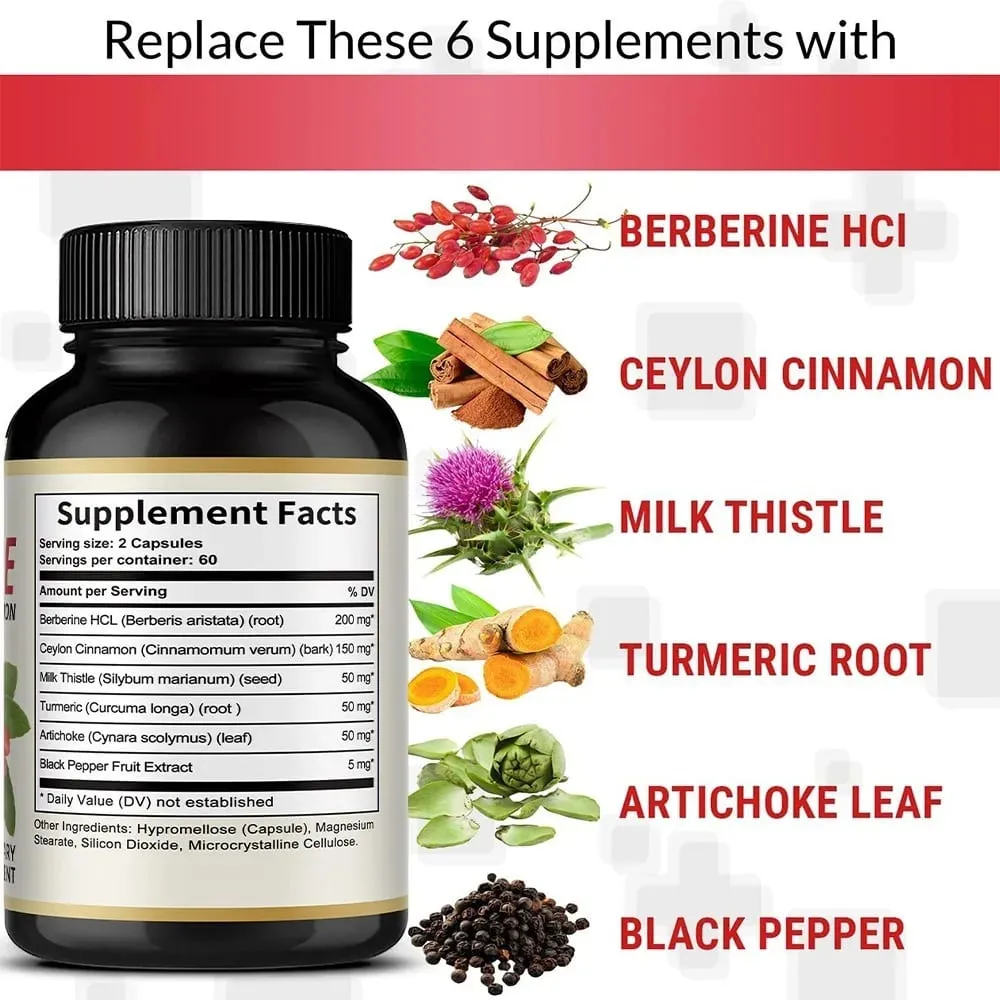 6 in 1 Supplement Berberine with Ceylon Cinnamon Turmeric Milk Thistle Artichoke Black Pepper Support Digestive Liver Health