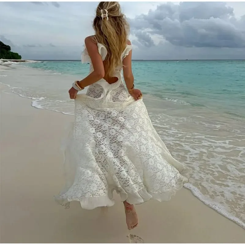 Sexy Hollow Out Lace Maxi Dress Women Spaghetti Strap Ruffles Party Club Robes Backless Side Slit Beach Vacation Lady Dress — image 6