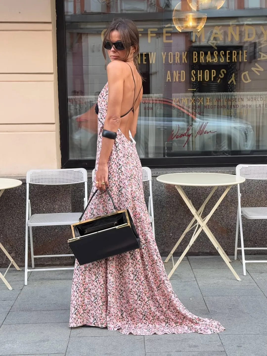 Pink Ditsy Floral Satin Maxi Dress Spaghetti Strap Deep V Neck Front Black Rose Detail Ruffle Hem Women Street Vacation Dress