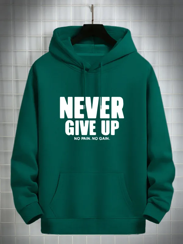 Men'S Hoodie Never Give Up Print Casual Fleece-Lined Pullover Kangaroo Pocket Stylish Streetwear Fall Casual Wear Hoodie — image 5