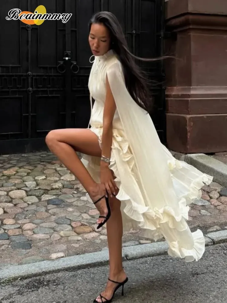 Ruffle Solid Maxi Dress Women Fashion Lapel V-neck Sleeveless Pleated High Waist Dresses 2026 Summer Lady Chic Vacation Robes — image 3