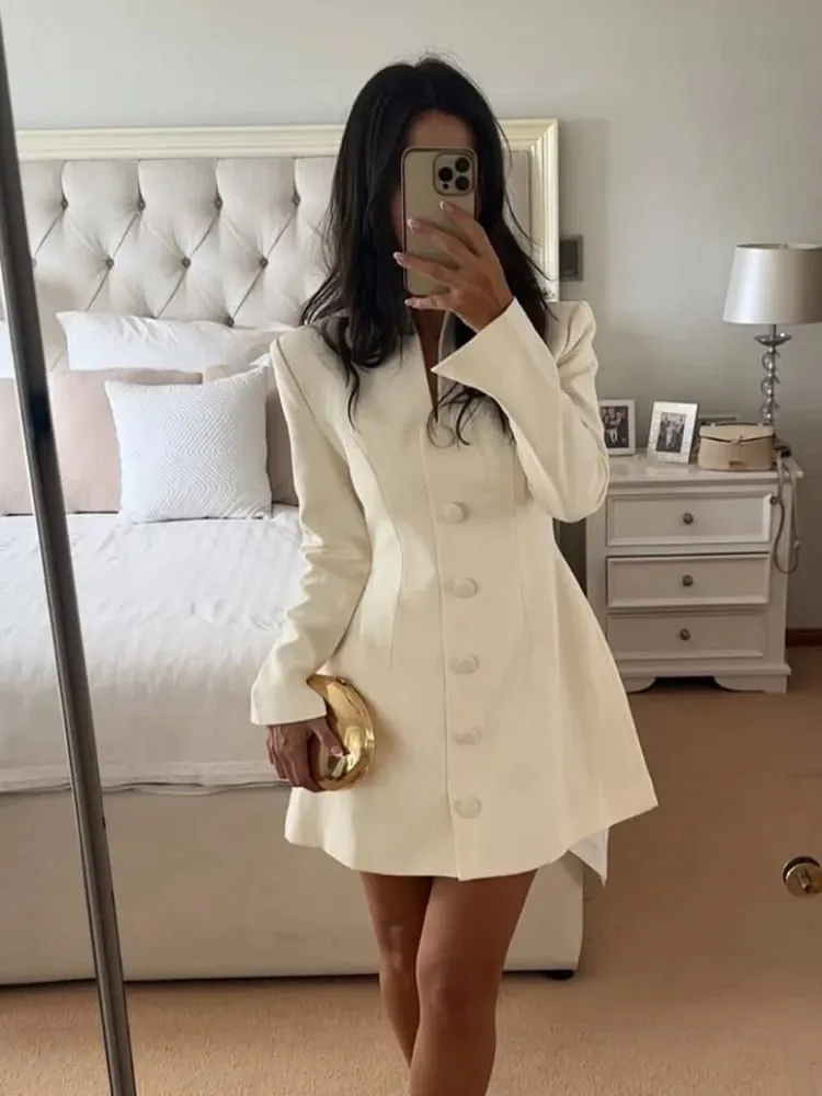 Women Chic Solid A-line Mini Dresses ElegantSingle-breasted V Collar Full Sleeves Short Vestidos Fashion New Lady Commute Gowns — image 6