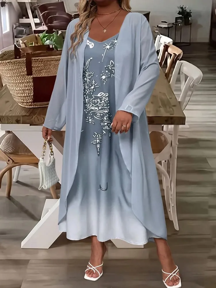 Plus-Size Women's Fashion: Spring/Fall Stylish and Elegant Lace and Chiffon Two-Piece Dress Set with V-Neck for a Sophisticated — image 2
