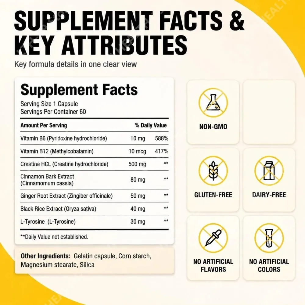Docteat Creatine HCL Capsules with Vitamin B6 B12 & Cinnamon for Muscle Energy & Performance Support Adults 60 Capsules — image 4