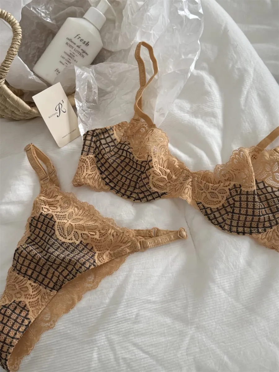 Bra lattice embroidery mesh underwear women small fresh top lingerie with panties support large breasts show small bra set — image 3