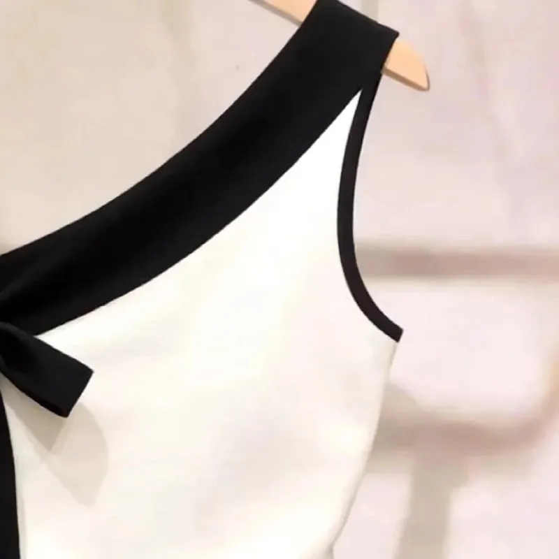 Summer New Contrast Bow Patchwork Off Shoulder Sexy Tanks Slim Sleeveless Elegant T Shirt Tops Temperament Trend Women Clothing — image 3