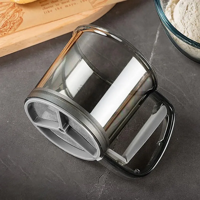 Compact Handheld Flour Sieve with Semi-automatic Function Baking Powder Shaker and Measure Cup Kitchen Tools