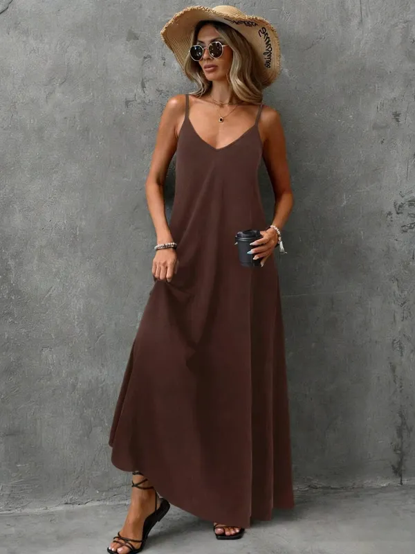 2026 Casual and Elegant Solid Color Suspender V-Neck Sleeveless Loose and Comfortable Backless Dress Long Skirt