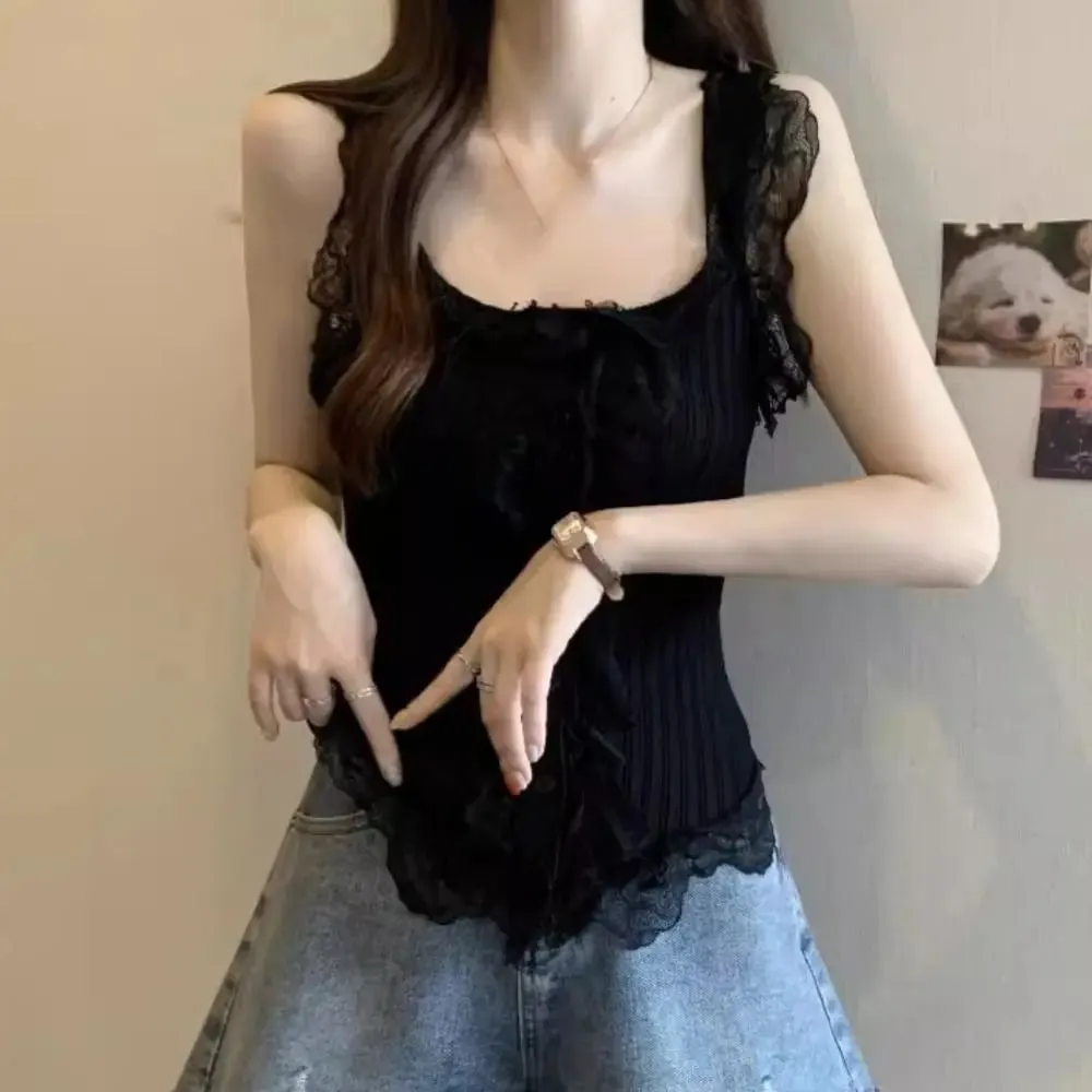 Süßes Y2k Spitze Strick Crop Top Tank Koreanischer Stil Damen Strickweste Top Unterhemd Süßes ärmelloses Leibchen Sommer