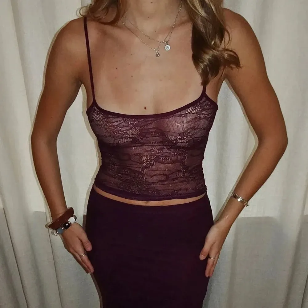 Women Fairycore Grunge Lace Tanks Tops Spaghetti Strap See Through Camisole Backless Slim Fit Crop Camis Sexy Going Out Tops — image 8