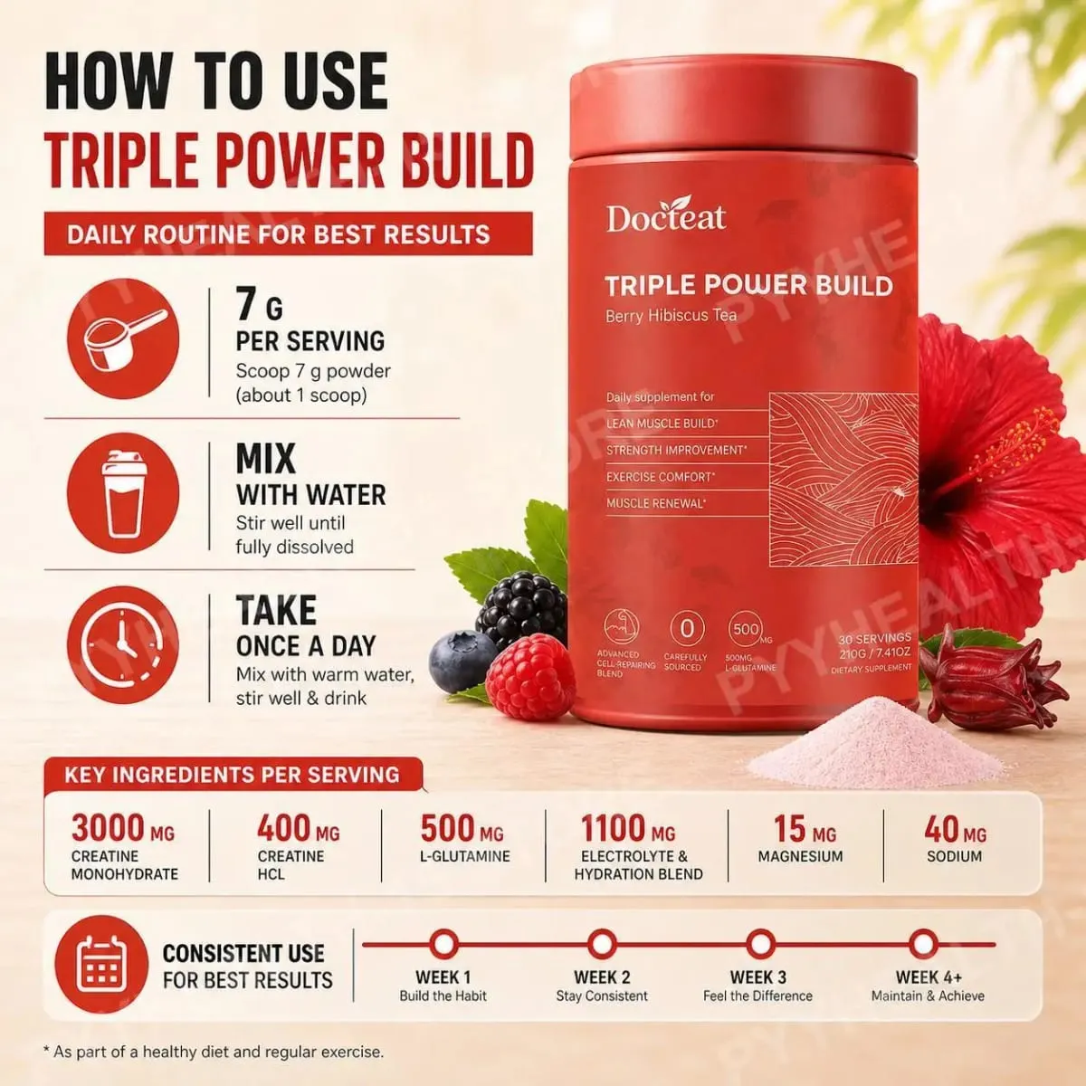 Docteat Creatine Monohydrate Powder with Creatine HCl L-Glutamine and Electrolytes for Muscle & Workout Support Berry Hibiscus — image 6