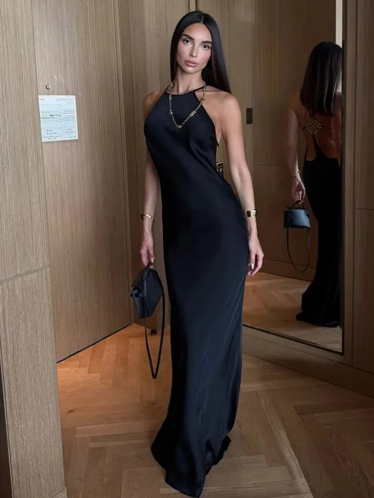 Nibber Abito senza maniche in raso con scollo all'americana Donna Fibbia in metallo Elegante patchwork Moda classica festa da sera senza schienale lungo aderente