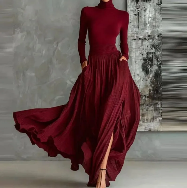 France Elegant Two Piece Skirt Set for Women's Pockets Solid Minimalist Split Hem Pleated A Line Vintage Turtleneck Slim Suits — image 2
