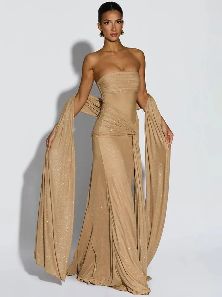 Mozision Sparkle Strapless Draped Sexy Maxi Dress Women Elegant Off-shoulder Sleeveless Backless Ruched Club Party Long Dress — image 6