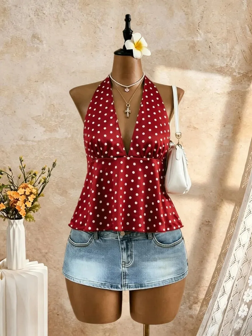 Women Halter Deep V Neck Polka Dot Back Tie Bow Peplum Cami Top 2026 Summer Y2K Red Retro Satin Open Back Flared Sleeveless Swin — image 3