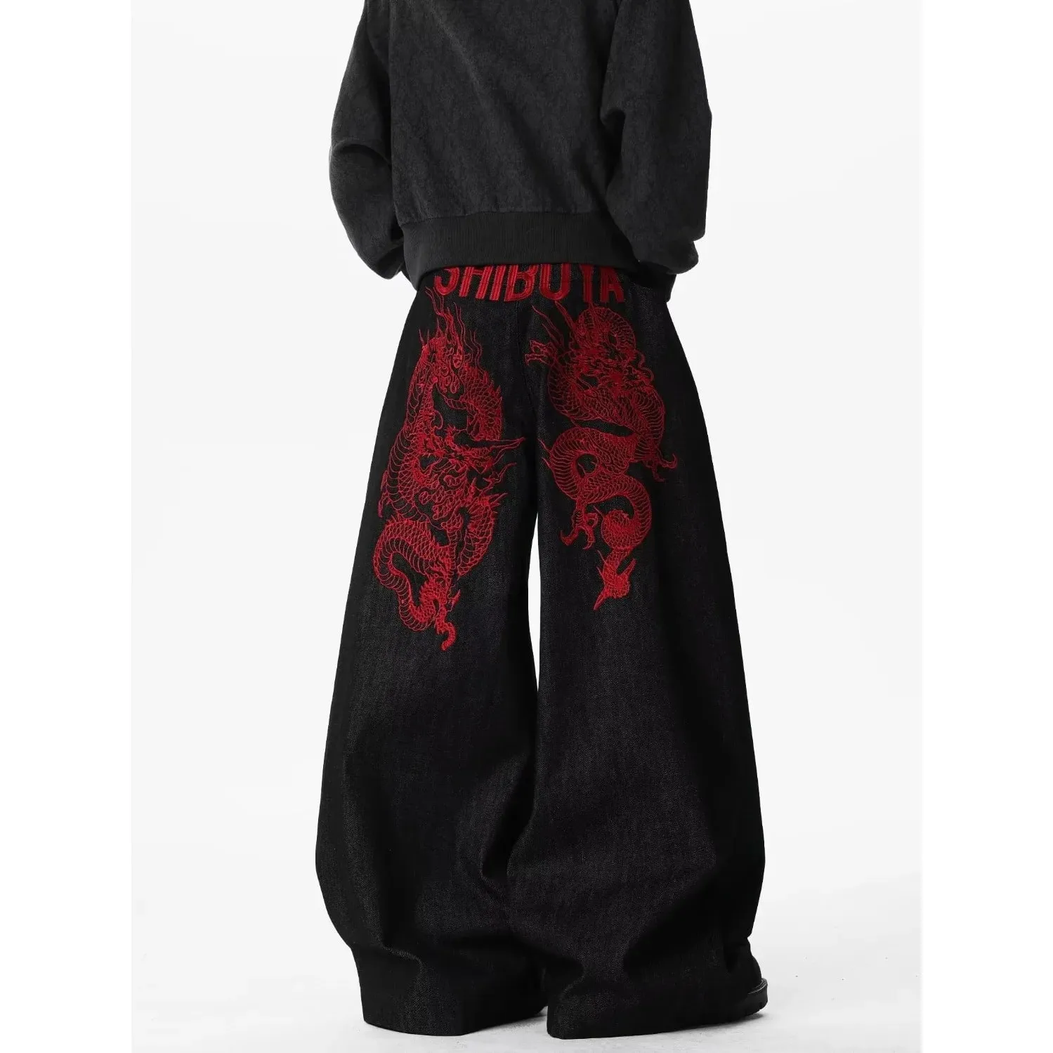 Retro Red Dragon Embroidery Wide Leg Knife Edge Jeans for both men and women Y2K street cool floor length wide leg pants — image 3