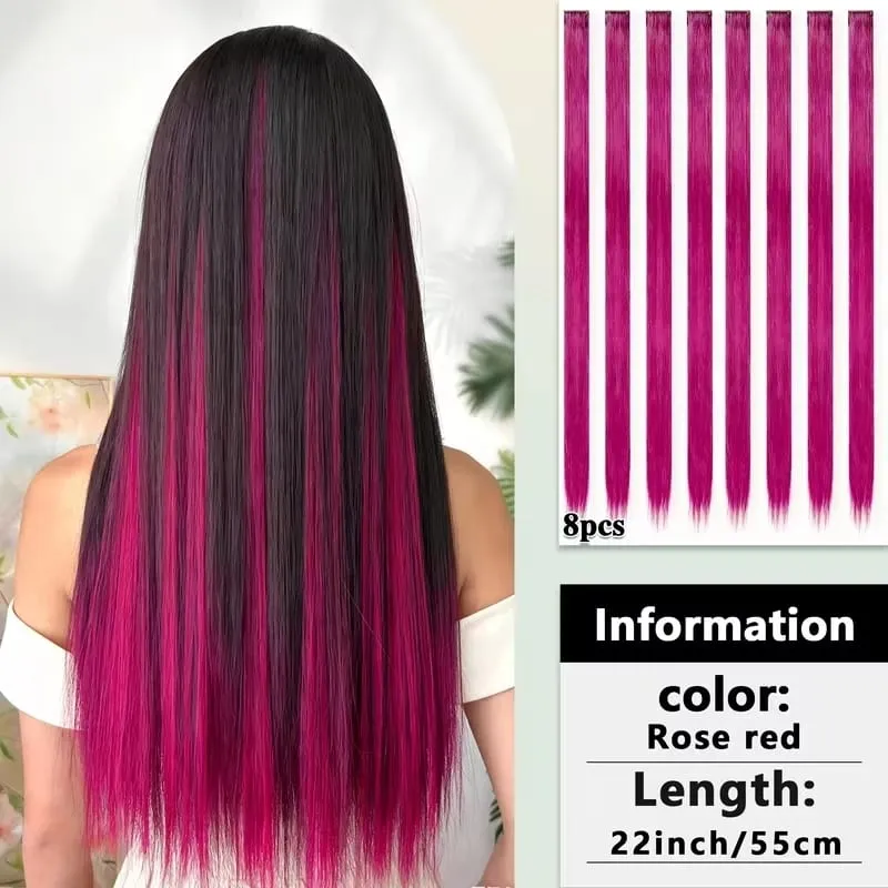 22Inch Synthetic 8pcs Long Straight Clip-In Hair Extension Highlights Multi-Color Rainbow Hairpiece for Women Daily Praty Use — image 12