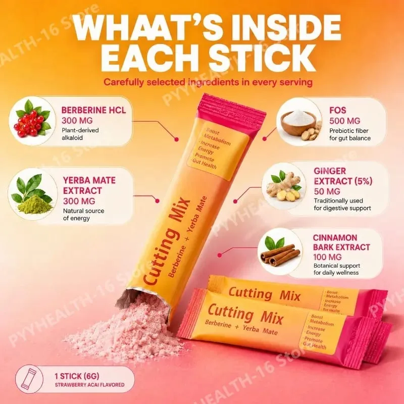 Berberine Yerba Mate Drink Mix Cutting Metabolism & Energy Support Strawberry Acai Flavor Gut Wellness 30 Stick Packs 180g — image 3