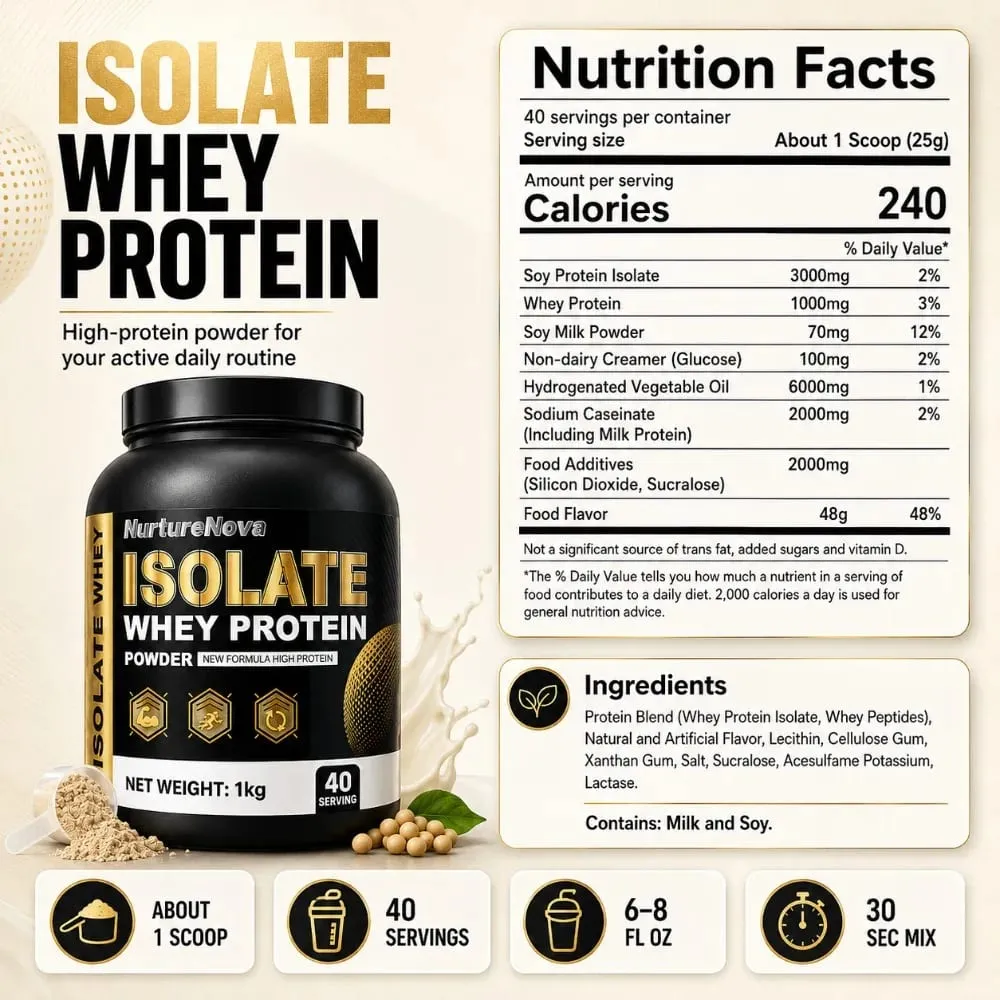 NurtureNova Isolate Whey Protein Powder 1kg High Nutrition Fitness Drink Mix 40 Servings Workout & Daily Support Formula — image 3