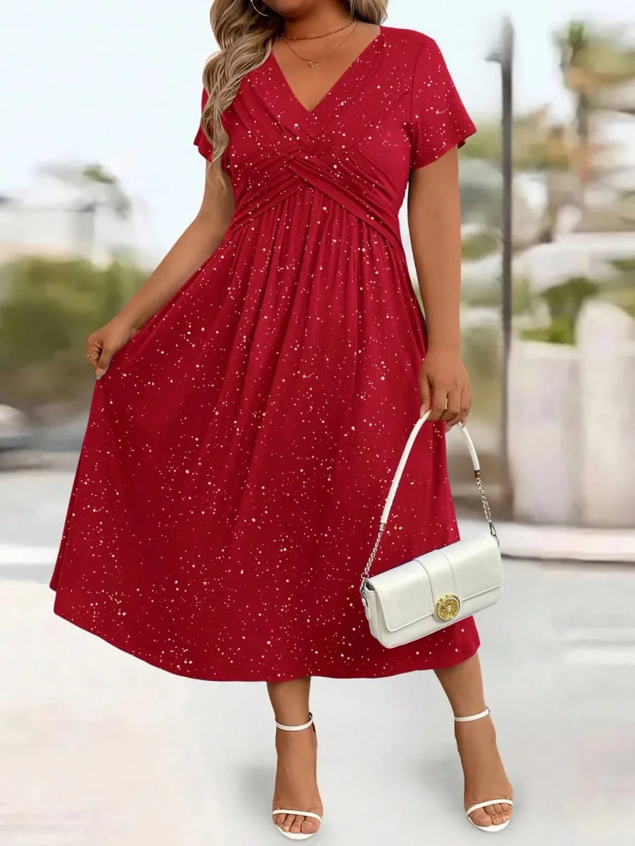Ladies' elegant plus size powder sprinkled shiny twisted knot with pockets V-neck dress — image 3