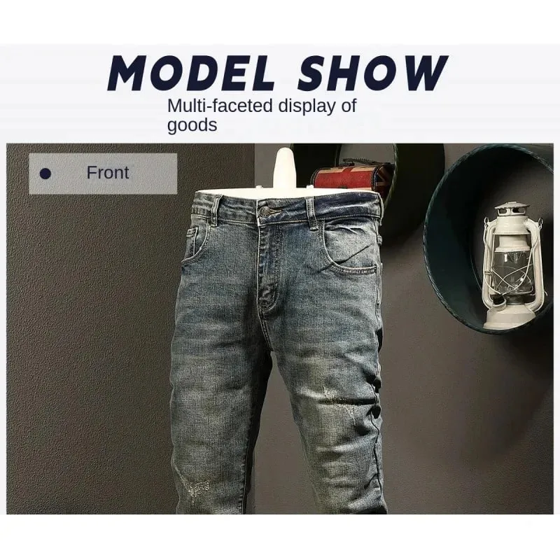 Classic minimalist retro blue jeans men's stretch slim fit 2025 autumn street fashion nostalgic small leg pants — image 2