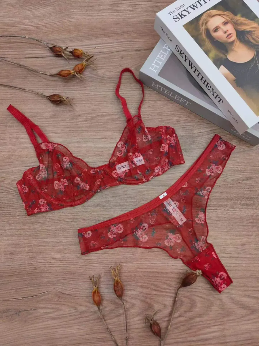 Ultra-thin vintage floral lace underwear large size push up women bra with underpants suit gathering lingerie briefs sets — image 5