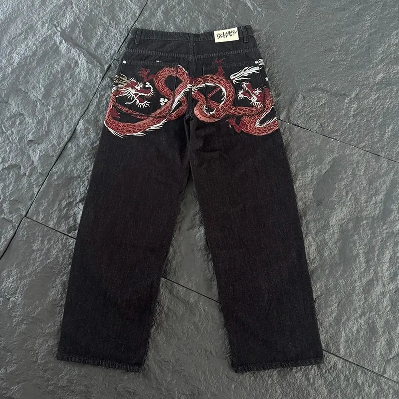 New DERSCHUTZE Unisex Jeans Loose Straight Leg Denim Pants Big Chinese Dragon Embroidery Retro Washed Black Street Trousers — image 3
