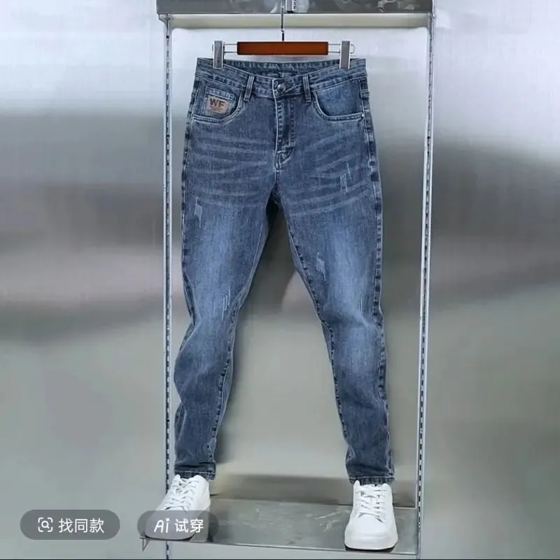 New Men's Jeans Slim-fitting Small Feet High-end Blue-gray Washed Casual Blue Long Slim Fit Work Stretch Cowboy Man Pants — image 6