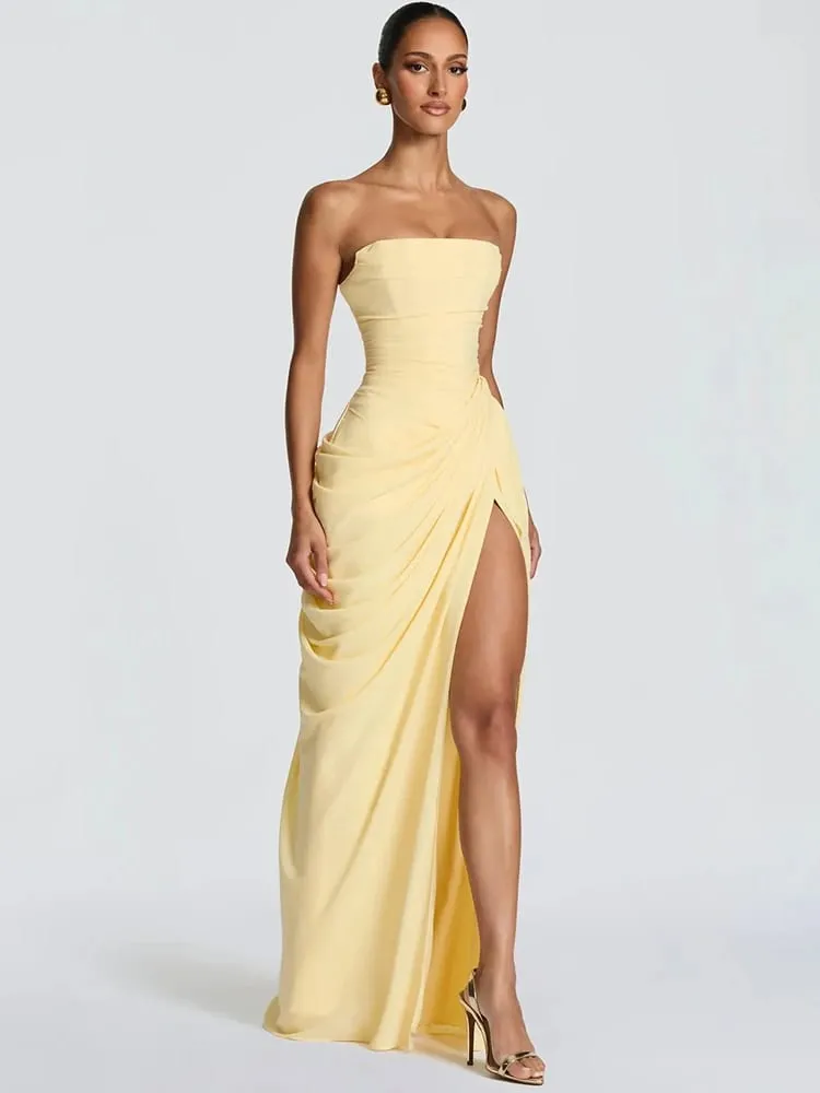 Mozision Chiffon Off-shoulder Strapless Sexy Maxi Dress Women Elegant Sleeveless Backless High Split Ruched Club Party Dress — image 3