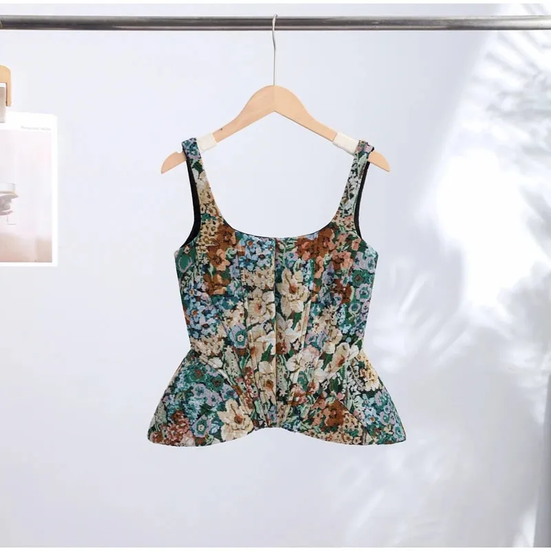 Vintage Floral U Neck Spaghetti Strap Corset Cami Top Curved Hem Fitted 2026 Summer Women Slim Tank Causla Versatlie Lady Top — image 9
