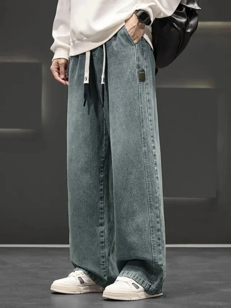 Spring New Wide Jeans Men Straight Vintage Drawstring Trousers Loose Pants Casual Solid Color Fashion Pants Big Size — image 5