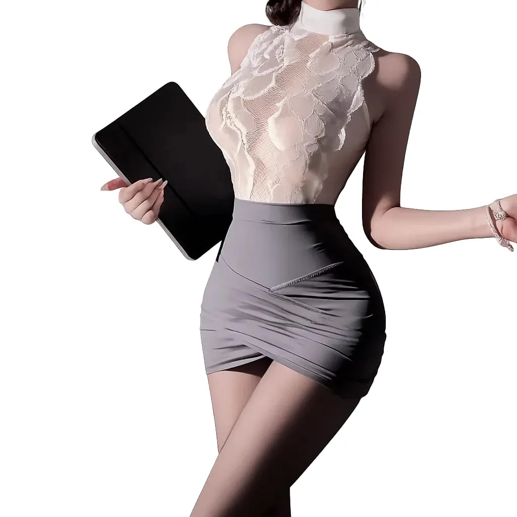 Women Lace Lingerie Set Floral Halter Bodysuit Bodycon Mini Dress Office Uniform Costume Nightwear — image 2